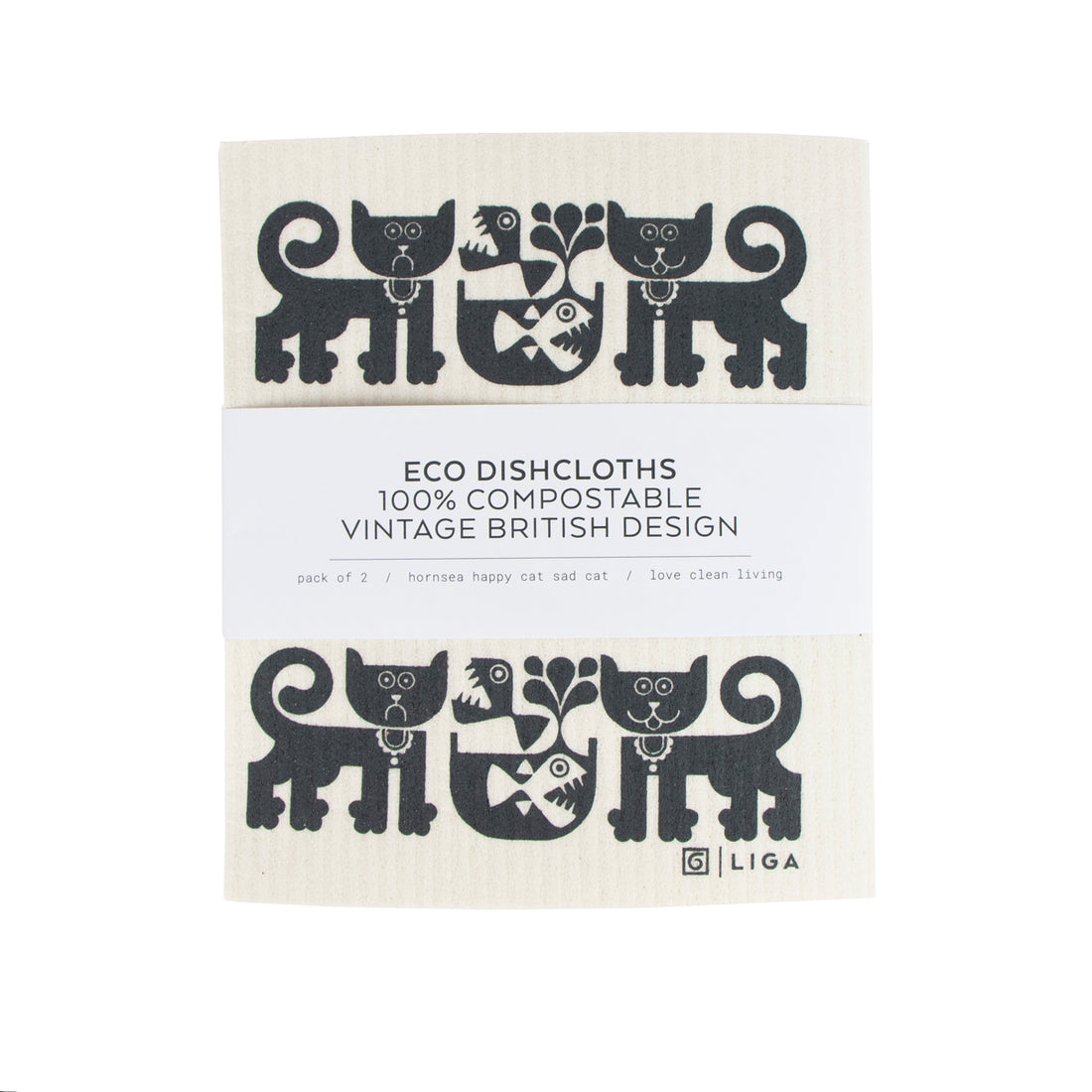 Liga x Hornsea ECO Set of 2 Dishcloths - Happy Cat Sad Cat