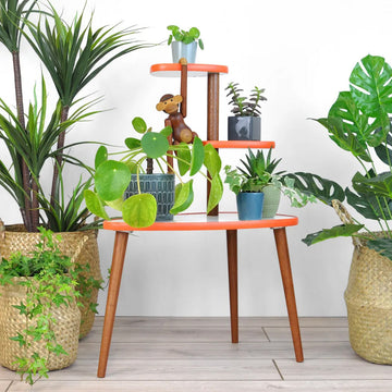 3 Tier Plant Stand – Teak Legs & Orange Trim